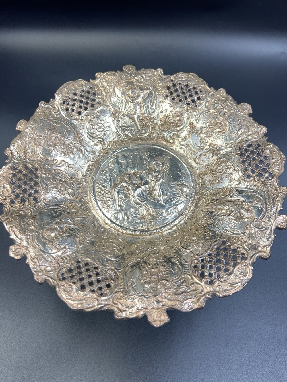 Antique c1860 Dutch Silver on Copper Figural Courting Scene Cherub Rococo Tazza